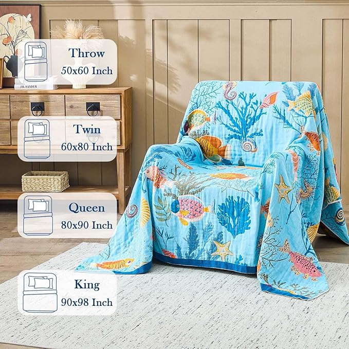 Blue Boho Blanket, 90"x98" Soft Farmhouse Decorative Throw Blanket, 100% Cotton Reversible Vintage Muslin Quilt Bohemian Decor Woven Blanket All Season Blankets for Sofa Couch Chair