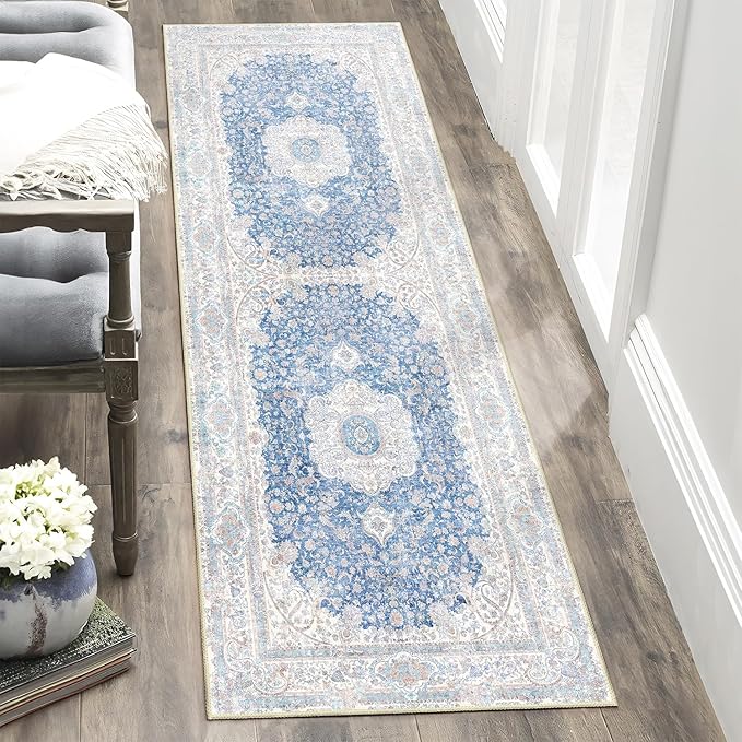 Washable Runner Rug 2x6,Blue Rug Runners Non Slip,Long Boho Rugs for Hallways Kitchen Bedroom Entryway Living Room Bathroom,Vintage Bohemian Distressed Floor Carpet,Floral
