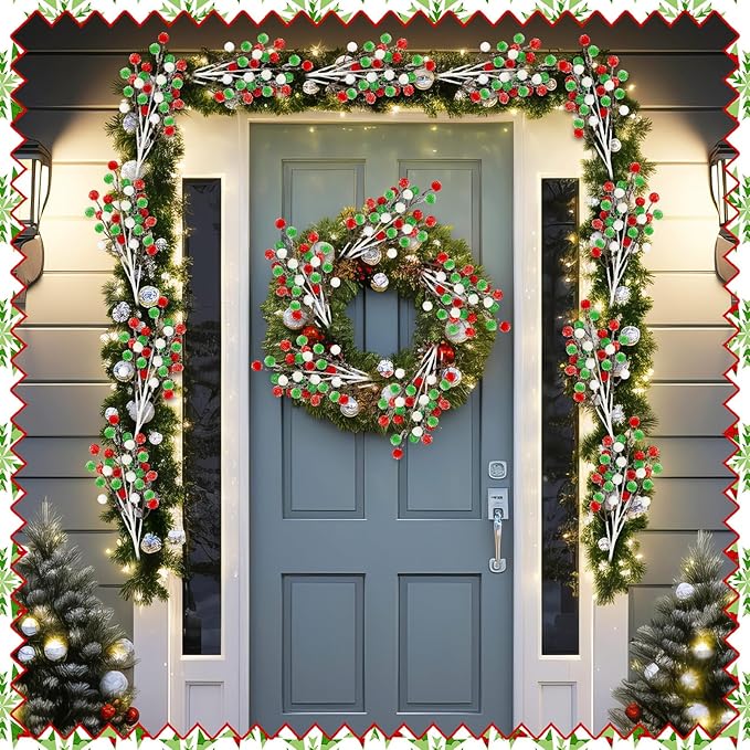 Norme 12 Pcs 13.8 Inch Christmas Felt Ball Picks and Spray Christmas Tree Topper Decoration Artificial Red Green and White Snowy Ball Stem Branches for Xmas Vase Filler Wreath Craft Supplies
