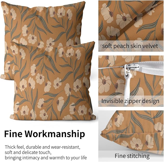 Boho Floral Pillow Protectors with Zipper Standard Size Vintage Botanical Leaf Pillow Covers Set of 2 Rustic Nature Wildflowers Pillow Cases Antique Midcentury Modern Bed Pillow Covers 20"x30" Orange