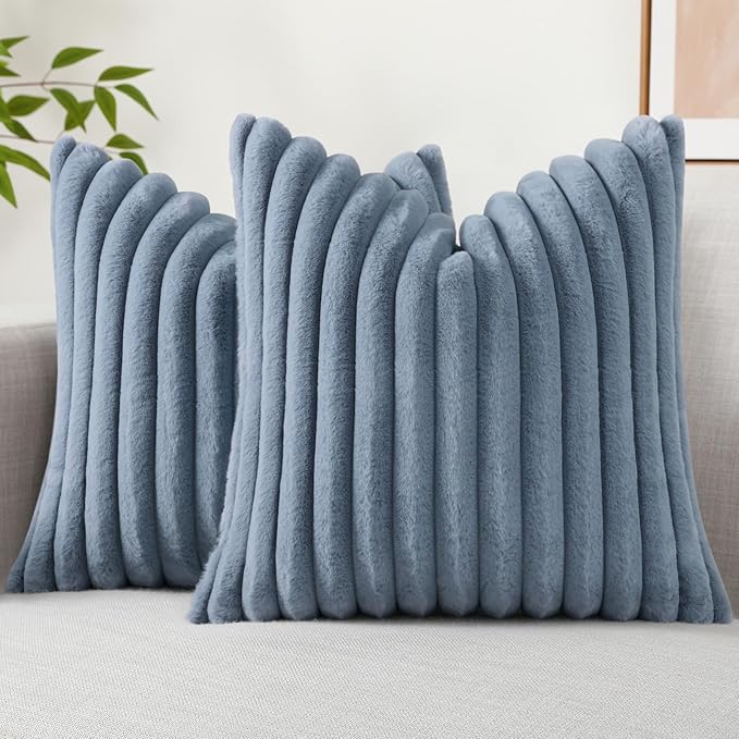 decorUhome Faux Fur Christmas Throw Pillow Covers 24x24 Set of 2, Decorative Soft Plush Striped Neutral Couch Euro Pillow Covers with Velvet Back for Sofa, Bed, Living Room Home Decor, Grey Blue