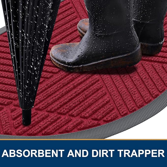 Smiry Half Circle Front Door Mat Outside Entrance, Heavy Duty Sturdy Natural Rubber Doormat, Trap Dirt and Moisture, Low Profile Mats for Indoor Outdoor Entry, Irregular Triangle (29.5x17, Wine Red)