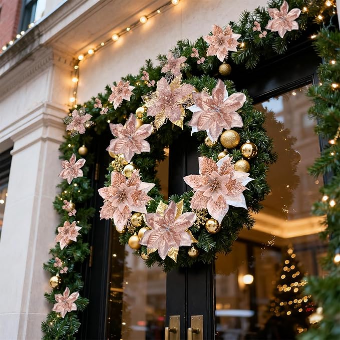 76PCS Christmas Tree Decorations Set, Rose Gold Christmas Ornaments Decoration Artificial Poinsettia Flowers with Star Tree Topper Berries Mesh Ribbons Snowflakes for Holiday Xmas Tree Decor