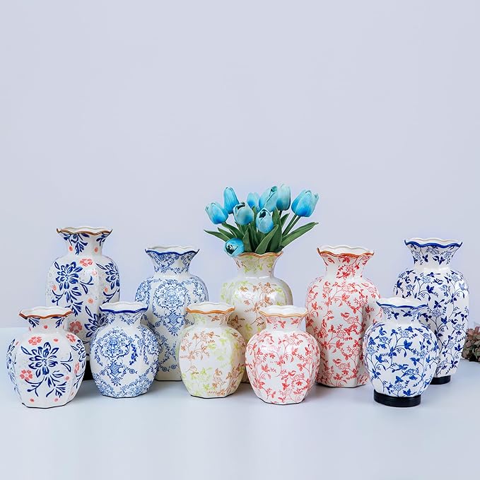 Blue and White Ceramic vase, Chinoiserie Floral Scroll Design with Wavy Blue Rim, Hand Painted Mantel Decor, Porcelain, Home Decor (Small, Mantangchun)