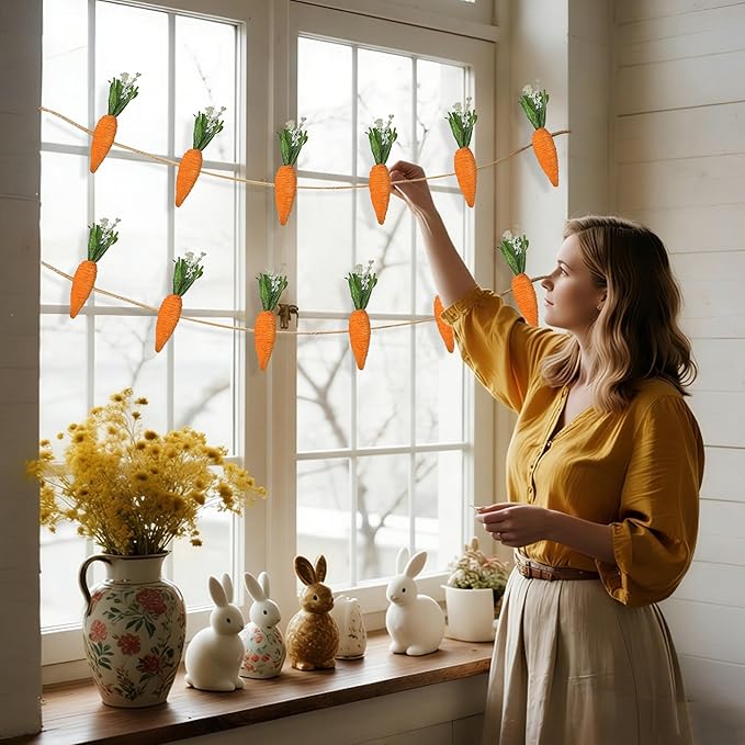 DR.DUDU Easter Garland Decor, 12 Pcs Carrot Ornament for Mantel Decorations, 8.5 FT Hanging Artificial Carrots Garland Carrot Banner for Fireplace Home Kitchen Party