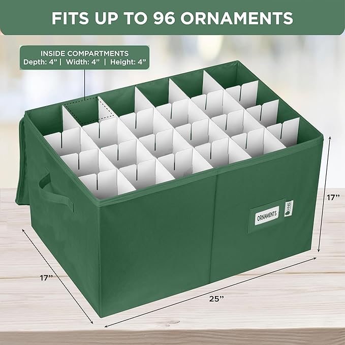 Christmas Ornament Storage Container with Dividers - Box Stores Up to 96 Ornaments, Zippered, Convenient, Adjustable, Large Organizer Bin to Protect Holiday Décor, Fits Most Standard Size, Green