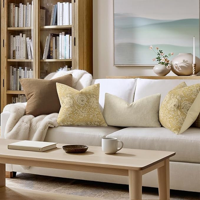 Vintage Floral Print Throw Pillow Covers 20x20 Set of 2 Neutral Modern Farmhouse Pillowcases Accent Decorative Cushion Covers Boho Home Decor for Couch Sofa Chair Bed Living Room, Yellow