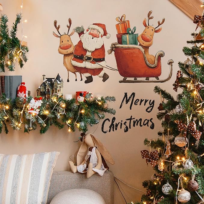 Christmas Wall Stickers Decor- Flower Wall Decals Peel and Stick Xmas Santa, Reindeer, Gifts Removable Wall Art for Home Party Office Classroom Winter Holiday (B)