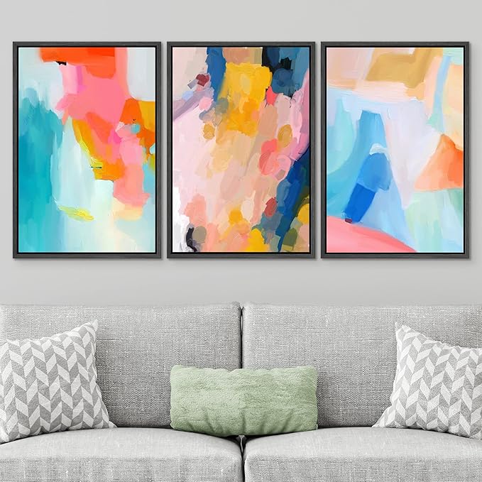 SIGNWIN Framed Canvas Print Wall Art Set Vibrant Rainbow Paint Stroke Collage Shapes Abstract Illustrations Modern Art Decorative Nordic for Living Room, Bedroom, Office - 16"x24"x3 Black
