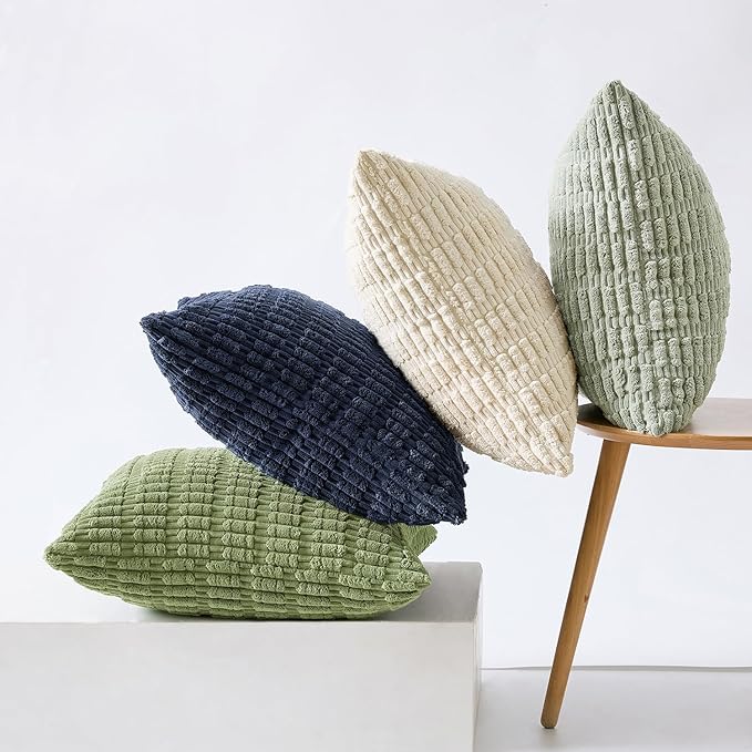 MIULEE Soft Corduroy Throw Pillow Covers Set of 4 Green Blue 18x18 Inch Modern Farmhouse Boho Decorative Accent Cushion Covers for Couch Sofa Bedroom