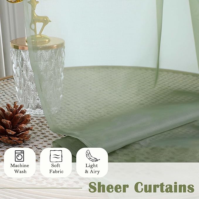 Lecloud Sage Green Sheer Curtains 120 Inches Long 2 Panels, Extra Wide Farmhouse Airy Voile Window Curtains, Solid Sheer Curtain Drapes for Living Room Balcony Big Windows, 59" W x 120" L