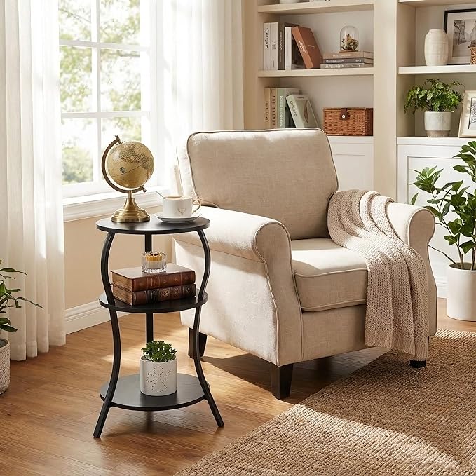 Vintage Small Round Side Table, 3-Tier Slim Waist Circular End Table with Storage Shelf, Compact Tea Sofa Side Table, Round Corner Coffee Table Nightstand for Living Room Bedroom Small Spaces,Black