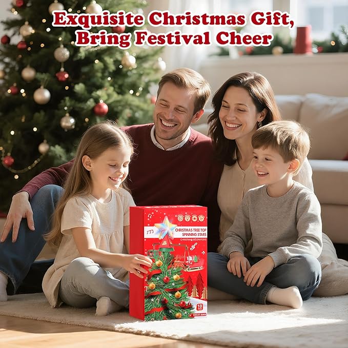 Luxspire Christmas Tree Topper with Rotating Animated Santa Deer Sled and Snowman Cable Car, Multicolor Lighted Christmas Star with Music, Tree Topper Decoration for Holiday Home