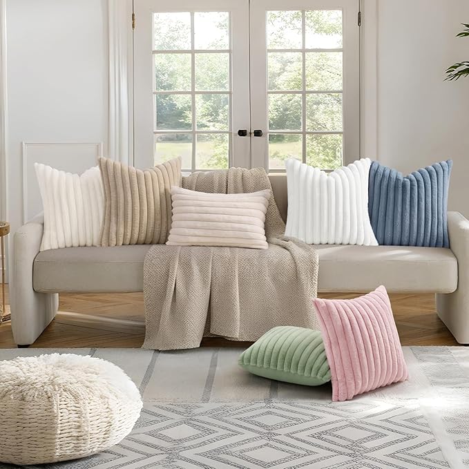 decorUhome Faux Fur Christmas Throw Pillow Covers 12x20 Set of 2, Decorative Soft Plush Striped Lumbar Neutral Couch Euro Pillow Covers with Velvet Back for Sofa, Bed, Living Room Home Decor, White