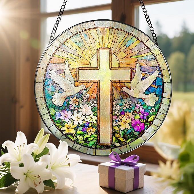 Cross and Wildflowers Stained Glass Suncatcher, 8 Inch Christian Stained Glass Windows Hanging, Flower Cross Gift for Religious, Christian Gifts, Easter Faith Home Decor