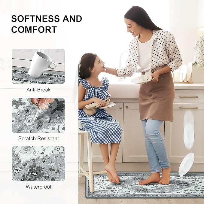 Collive Boho Kitchen Rugs and Mats 2PCS, Cushioned Anti Fatigue Kitchen Mats for Floor Waterproof Non Slip Comfort Foam Standing Mat for Kitchen,Office,Sink,Laundry,17x30+17x47
