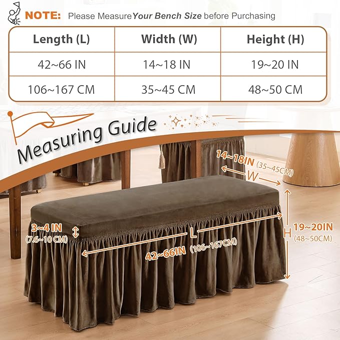 NICEEC Spandex Stretch Dining Bench Cover with Skirt Removable Bench Slipcover Rectangle Washable Bench Cushion Covers for Dining Room Living Room Bedroom Kitchen(Brown)