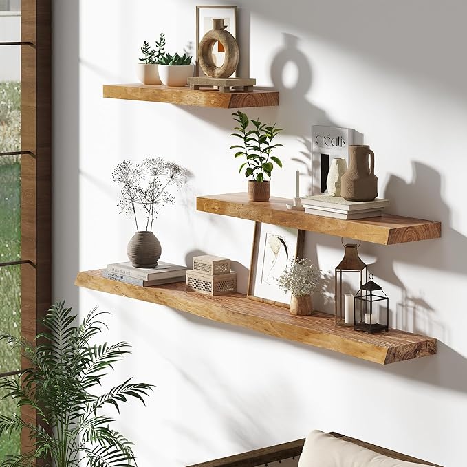 Dreamland Wood Floating Shelves 36 Inch Long, Rustic Solid Elm Wood Live Edge Shelves for Home Decor, 8 Inch Deep Wall Shelf for Living Room Bathroom Bedroom Kitchen, Natural Color, Set of 2