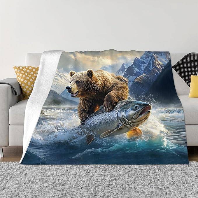 Tijuboni Bear Fish Throw Blanket Cabin Bear Gifts for Women Men Girls Boys Kids Adults Soft Flannel Fleece Blanket for Couch Sofa Bed Home Decor 60"x80"