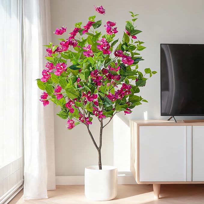 4FT Artificial Bougainvillea Tree Artificial Tree Tall Potted Fake Bougainvillea Trees for Outdoor Indoor Lifelike Potted Faux Plants with Wood Trunk and Flowers Office Wedding Home Decor