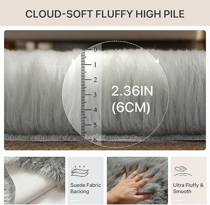 GENIMO 2x6 Fluffy Faux Fur Rug Runner, Ultra Soft Shaggy Sheepskin Rug, Area Rugs for Bedroom, Living Room, Home Office, Light Grey