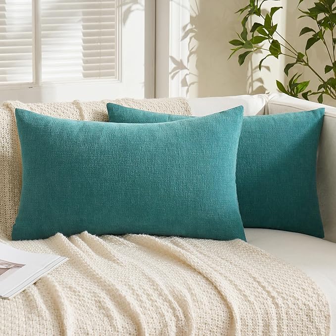 MIULEE Teal Couch Pillow Covers 12x20 Inch, Set of 2 Soft Chenille Decorative Lumbar Throw Pillow Covers Farmhouse for Sofa Living Room Bed