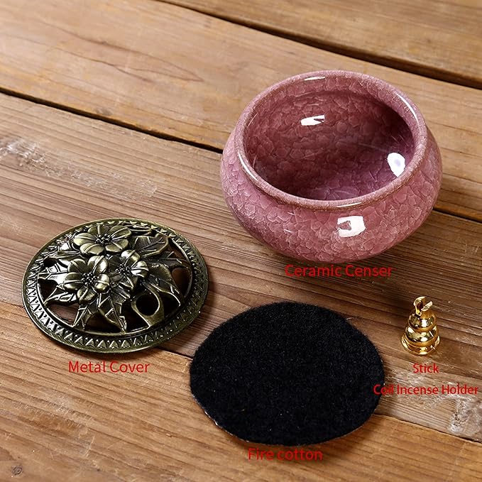 Ceramic Incense Burner with Incense Stick Holder + Insulation use for Stick or Coil Incense, Sage Cones and Frankincense (Violet)