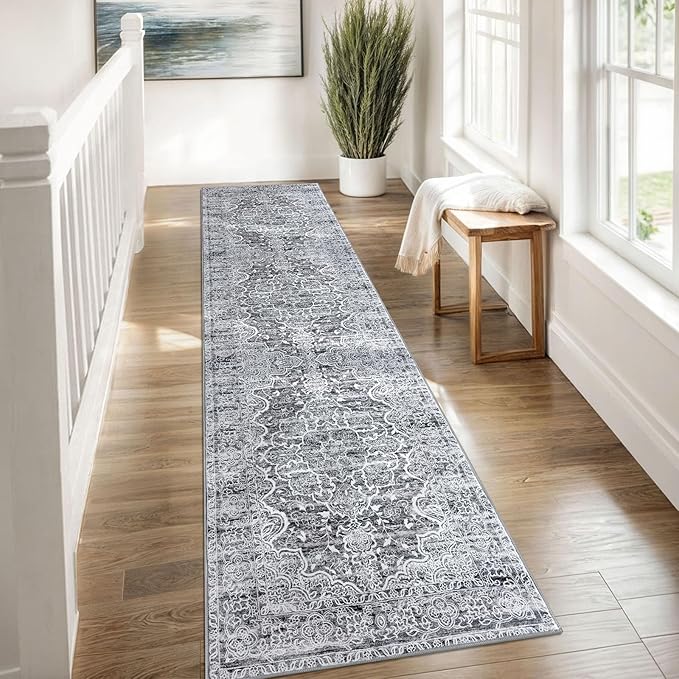 KUTA Runners for Hallways 2x8 Grey Blue White, Vintage Floral Kitchen Rugs Non-Slip Washable Ultra Soft Printed Retro Flower Carpet Entryway Runners for Bedroom Living Room