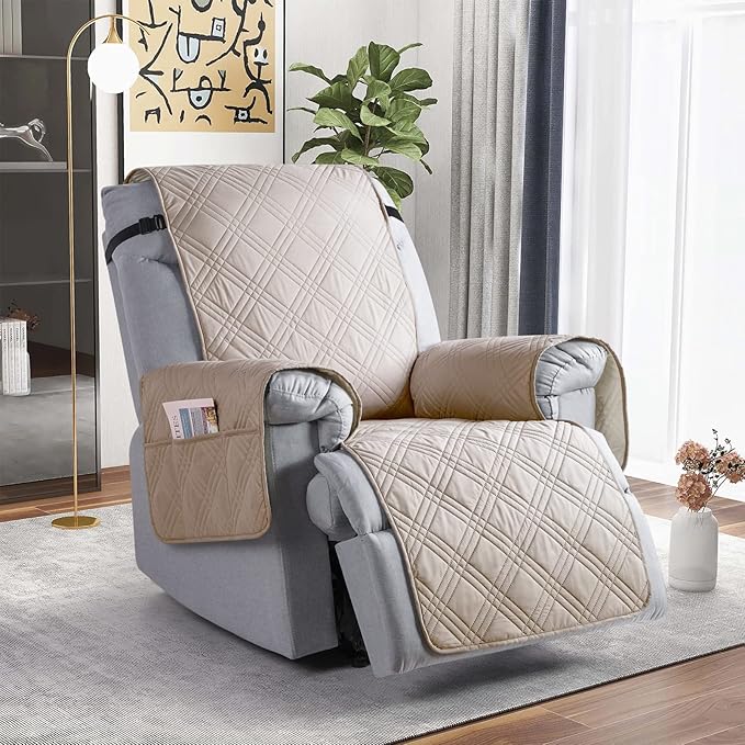 TAOCOCO 100% Waterproof Recliner Chair Cover, Non Slip Recliner Covers for Recliner Chair with Pocket, Washable Reclining Chair Cover Furniture Protector for Kids, Pets(23.6'', Cream)