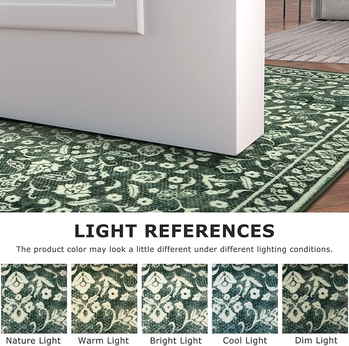 Vintage Washable Runner Rug 2x6, Forest Green Runners for hallways, Super Soft Kitchen Runner Rug Non Slip, Printed Faux Wool Thin Carpet Runner for Entryway Indoor Laundry Room Bedroom