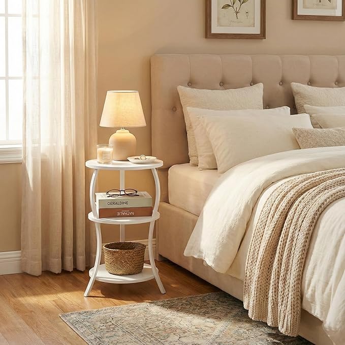 Vintage Small Round Side Table, 3-Tier Slim Waist Circular End Table with Storage Shelf, Compact Tea Sofa Table, Round Corner Coffee Table Nightstand for Living Room Bedroom Small Spaces,White