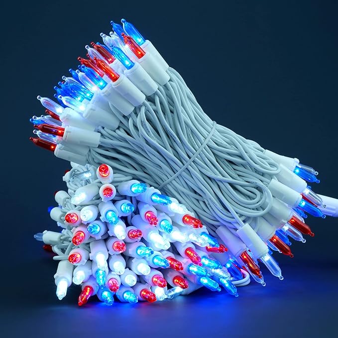 200 Count Red White and Blue LED Christmas Lights, 66 ft White Wire UL Certified Commercial Grade Holiday String Light Set (Red White & Blue)
