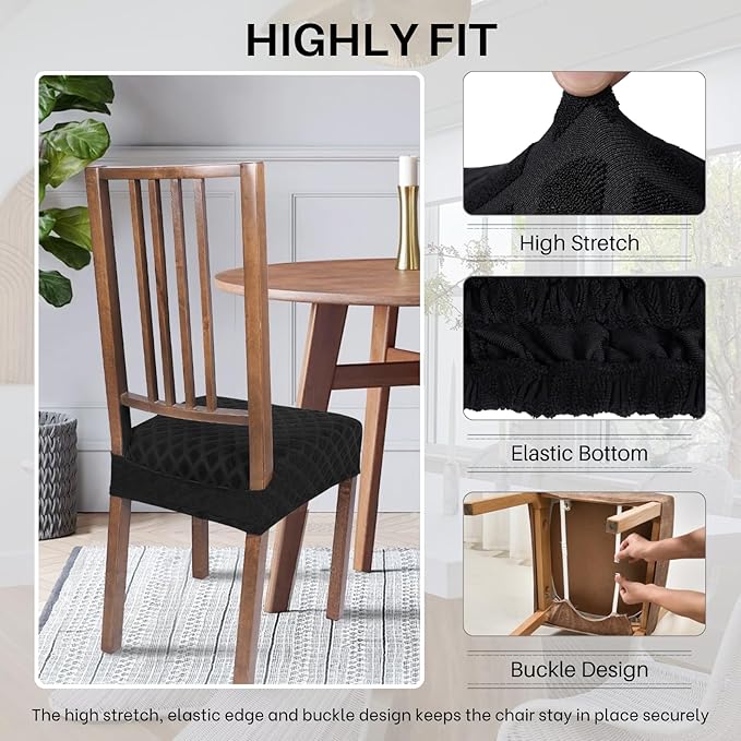 SearchI Stretch Dining Chair Seat Covers Set of 4, Soft Removable Washable Seat Covers for Dining Chairs, Dining Room Seat Cover Slipcover Protector (Rear-Covered, Black Diamond Jacquard)