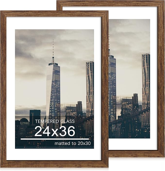 24x36 Poster Frame Set of 2, 24 x 36 Wood Picture Frames with Mat for 20x30, Wooden Photo Frame with Tempered Glass Cover for Wall Mounting Display, Rustic Brown