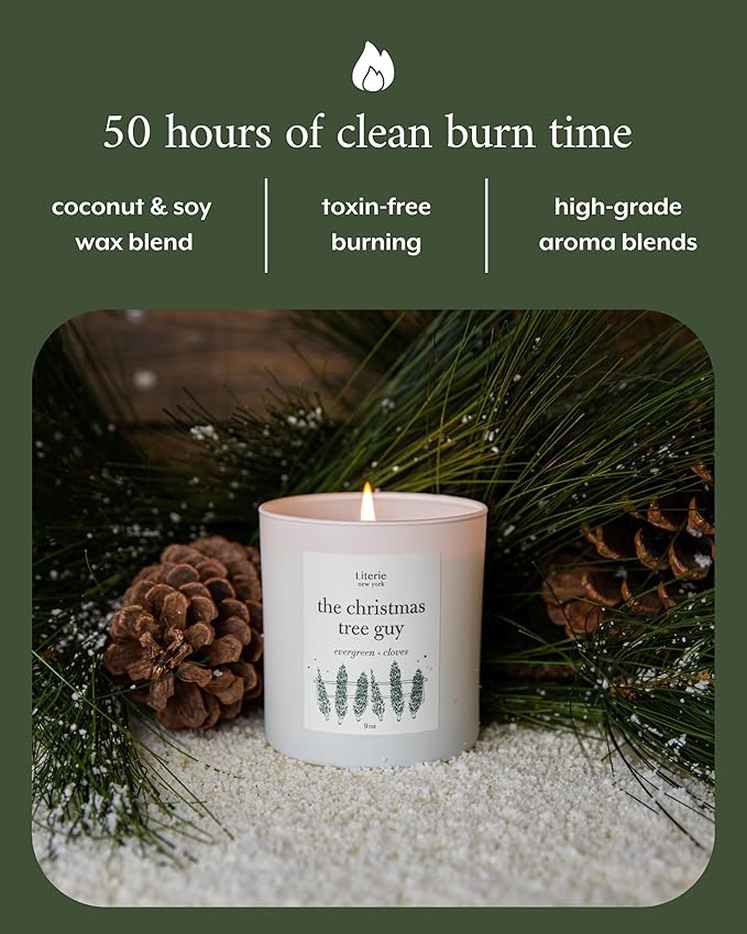 Literie NYC Inspired Scented Candle: The Christmas Tree Guy - Evergreen & Cloves Scent, 9oz, 50 Hour Burn, Vegan Soy & Coconut Blend Candle for Home Decor, Gift for Women & Men