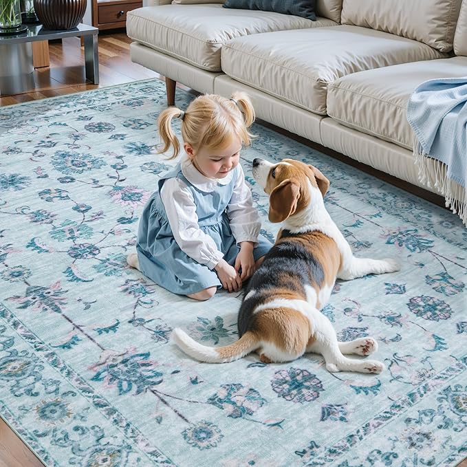 Tangsoo Washable Runner Rug for Hallway Non Slip, 2x6 Boho Floral Vintage Carpet Runner Rugs for Entryway, Floor Soft Low Pile Runners for Kitchen Bathroom Laundry Bedroom Alfombra Blue Farmhouse