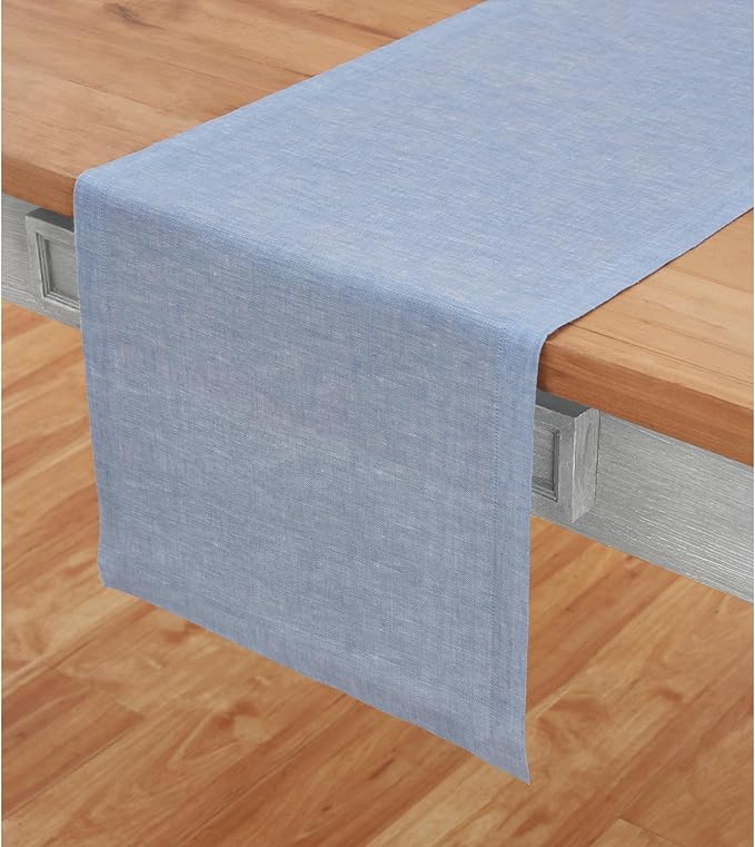Solino Home Linen Table Runner 60 Inches - 100% Pure Linen Chambray Blue Table Runner 14 x 60 Inch Ideal for Dresser and Coffee Tables - Athena - Winter, Spring, Easter