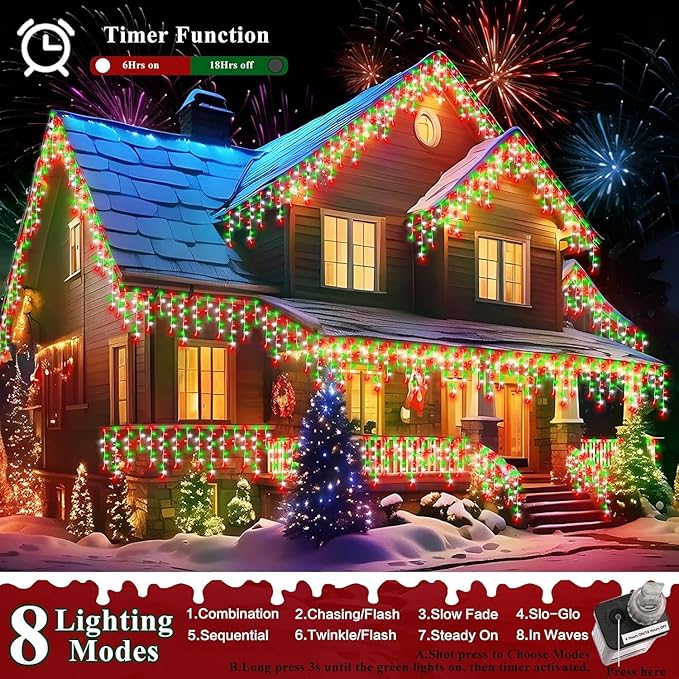 XURISEN 132ft Christmas Lights Decorations Outdoor, 1280 LED 8 Modes Fairy Lights with 240 Drops,Plug in Waterproof Timer Memory Function for Christmas Holiday Wedding Party Decorations