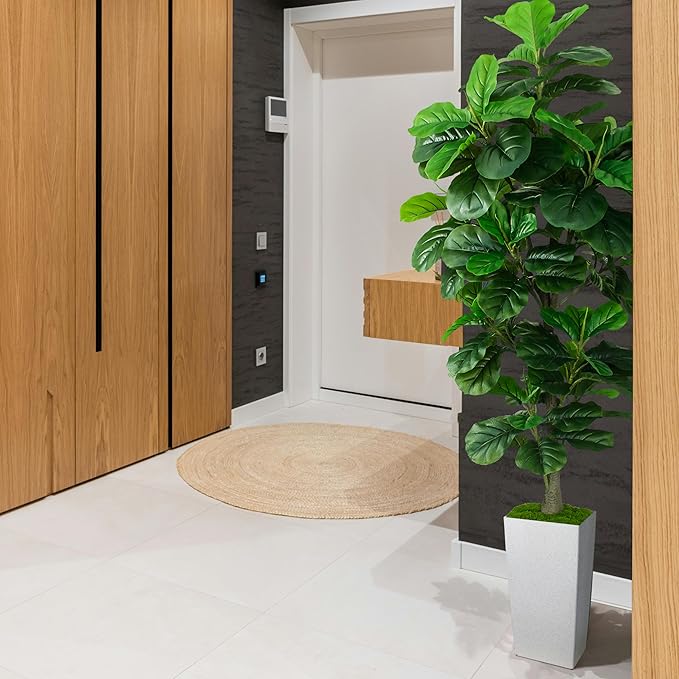Artificial Fiddle Leaf Fig Tree 6ft, 6 Feet Large Tall Fake Plants Indoor with Modern Style Planter, Artificial Silk Tree for Home Office Living Room Decor Indoor, More Lifelike & Lush (White)