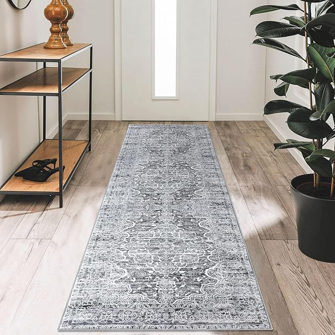 KUTA Vintage Washable Runner Rug, 2x7 Non-Slip Vintage Grey Blue White Hallway Kitchen Runners Soft Printed Distressed Tribal Farmhouse Floor Carpet Rugs for Laundry Bedroom Living Room