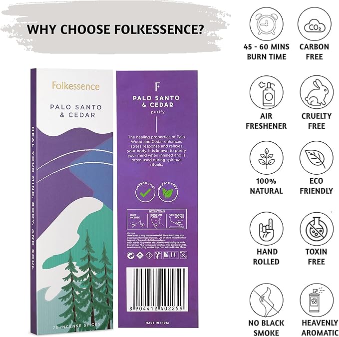 Folkulture Incense Sticks (75 Sticks) |8" Premium Palo Santo & Cedar Incense Sticks for Deep Sleep, Aromatherapy, Relaxation Gifts|No Charcoal,Organic,Non Toxic, 45 Mins, Long Burning Insence-Sticks