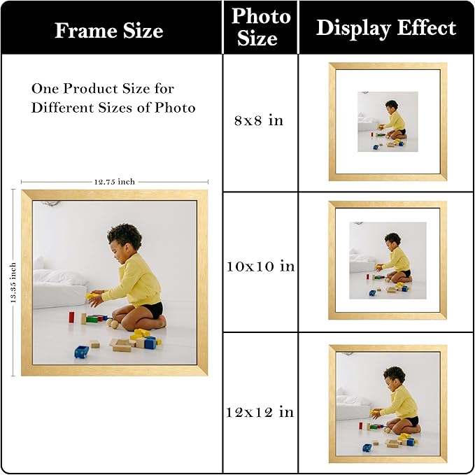 eletecpro 12x12 Floating Picture Frames Set of 2 with Real Glass Cover, Wall mount Display Photo for Multiple Size up to 12x12, Gold Floating Photo Frame for Wedding, Party, Home Decor