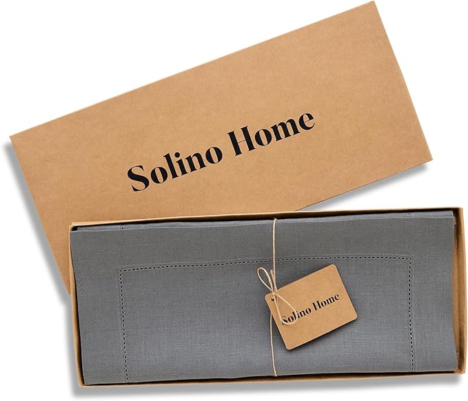 Solino Home Linen Steel Gray Hemstitch Table Runner 48 Inches - 100% Pure Linen Small Table Runner 14 x 48 Inch Ideal for Dresser and Coffee Tables, Spring - Classic Hemstitch