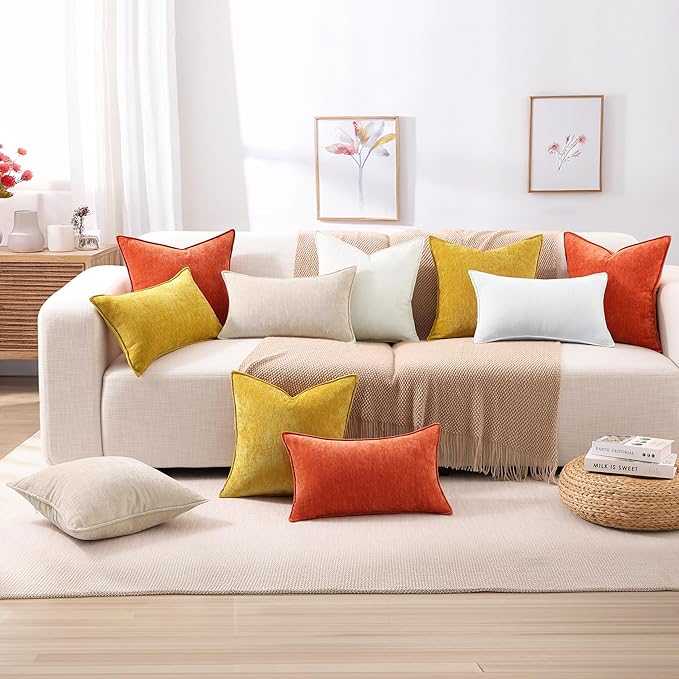 decorUhome Christmas Couch Throw Pillow Covers 20x20 Set of 2, Decorative Soft Euro Velvet Neutral Chenille Pillow Covers with Elegant Design for Sofa Bed Living Room Home Decor, Cream White