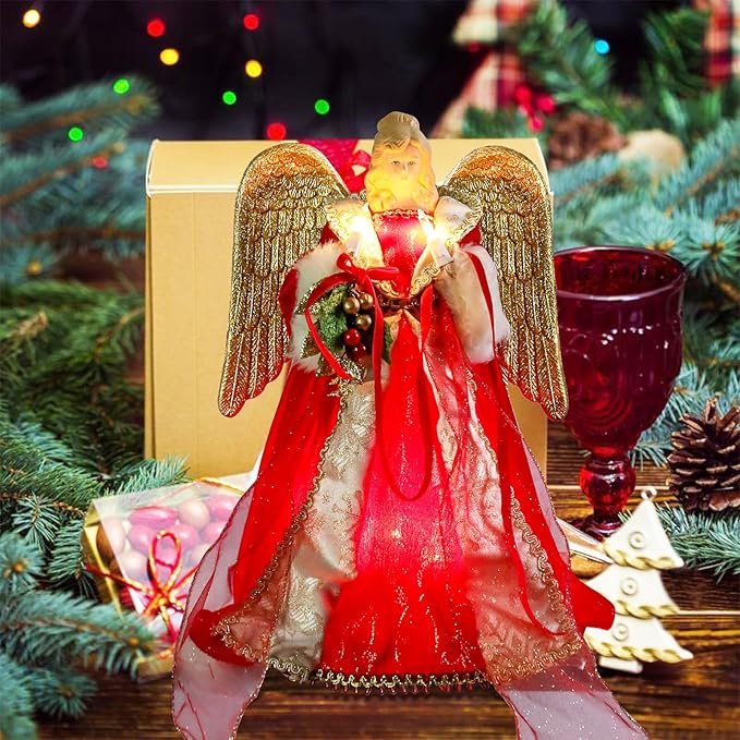 Vigdur Christmas Tree Topper Lights - 13Inch Angel Christmas Tree Topper Plug in with LEDs Golden Wings, Angel Christmas Decorations for Home Holiday Party Wedding Christmas Decor