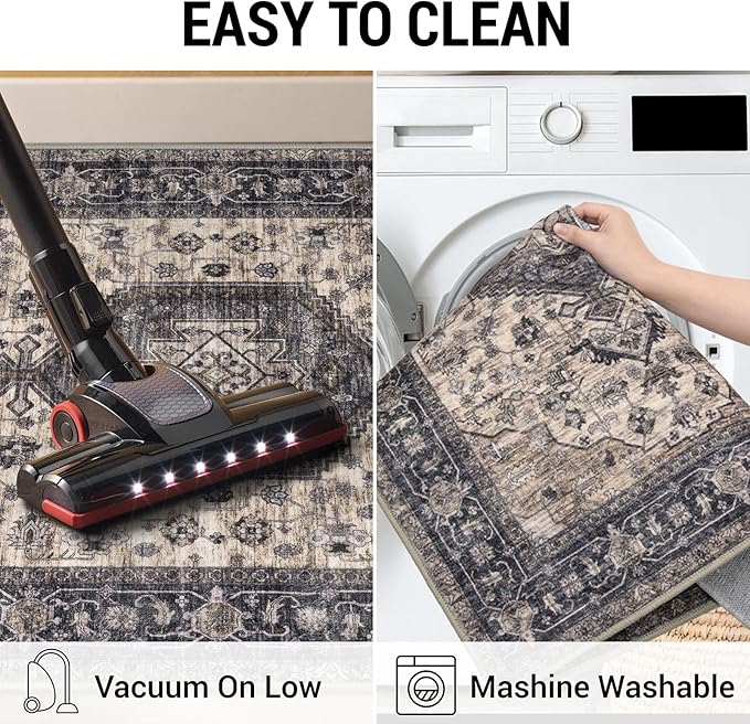 KUTA Runners for Hallways 2x6 Ivory Grey-Black, Vintage Floral Kitchen Rugs Non-Slip Washable Runner Ultra Soft Printed Retro Flower Carpet Entryway Rug for Bedroom Laundry Nursery