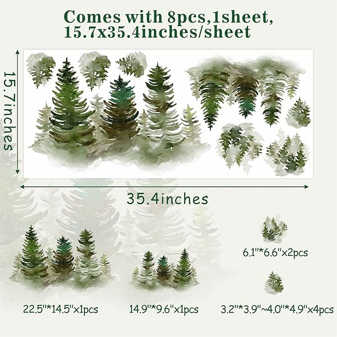 Watercolor Pine Tree Wall Decals Peel and Stick Large Tree Wall Sticker Trees Branches Wall Decal Forest Trees Wall Stickers for Living Room Bedroom Woodland Nursery Decor