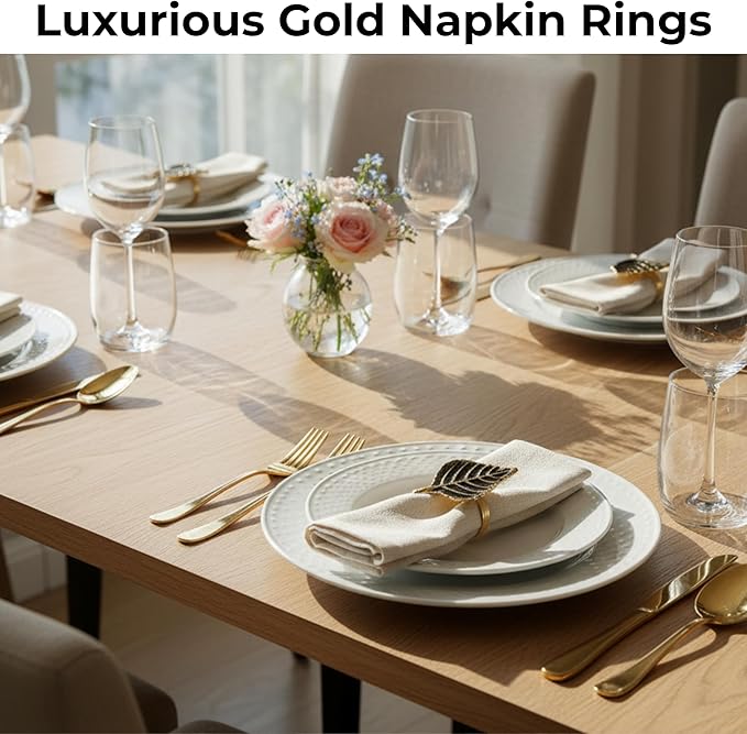 ALPHA Living HOME Set of 12 Napkin Rings for Farmhouse Decor Premium Metal Leaf Dinnerware Napkin Holders Thanksgiving, Christmas, and Easter Table Setting (Antique Gold)