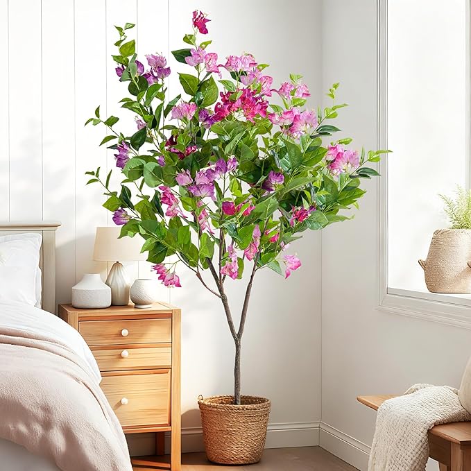 4FT Artificial Bougainvillea Tree Artificial Tree Tall Potted Fake Bougainvillea Trees for Outdoor Indoor Lifelike Potted Faux Plants with Wood Trunk and Flowers Office Wedding Home Decor