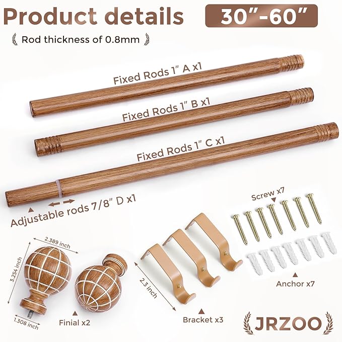 Wood Curtain Rods for Windows 28 to 48 Inches (2.33-4ft), 1'' Diameter Heavy Duty Adjustable Rustic Farmhouse Drapery Pole with Boho Imitation Wooden Grain Decorative Finials, Size 30"-60"